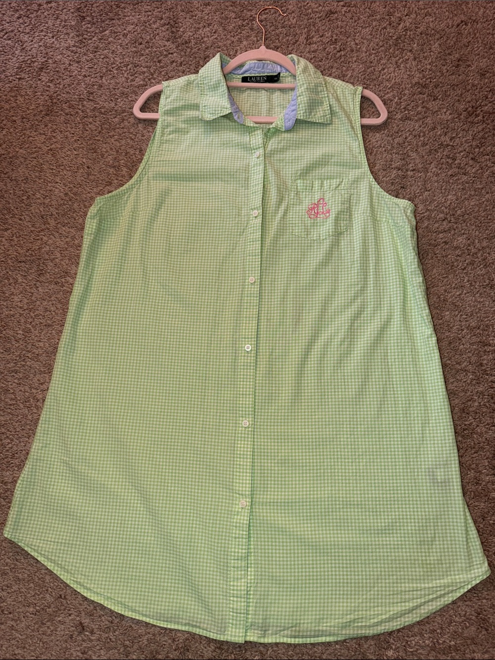 Lauren Ralph Lauren Green Gingham Sleeveless Nightshirt Dress XL